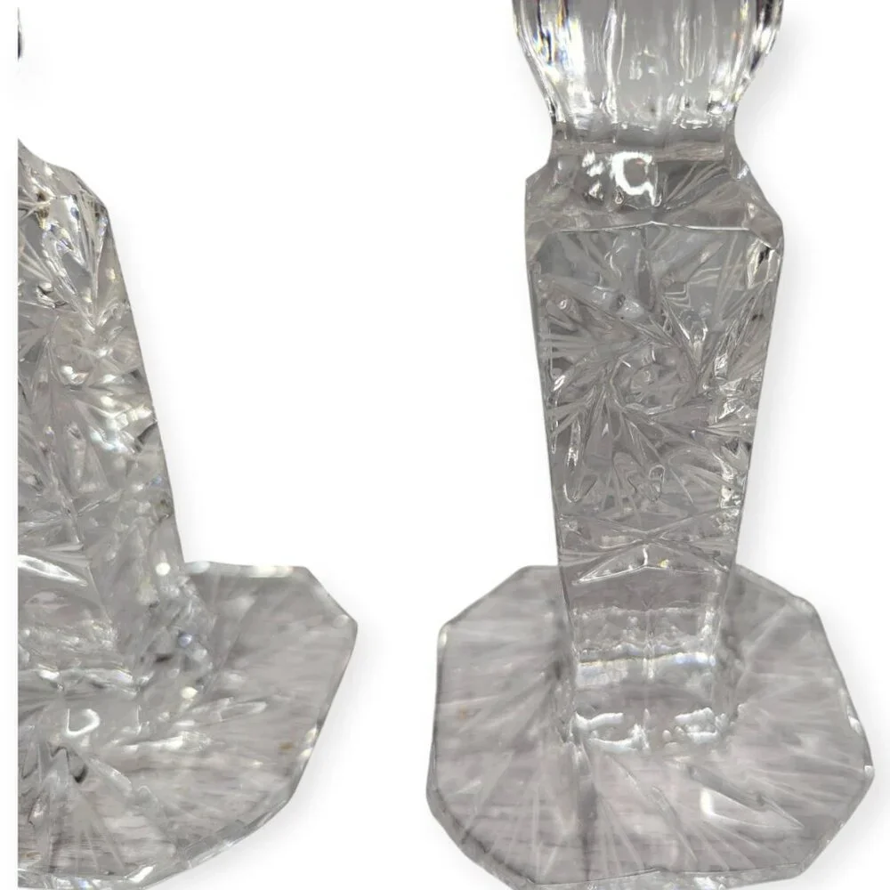 Vintage Pair Set Cut Lead Crystal Candle Stick Holders Pinwheel Pattern 6